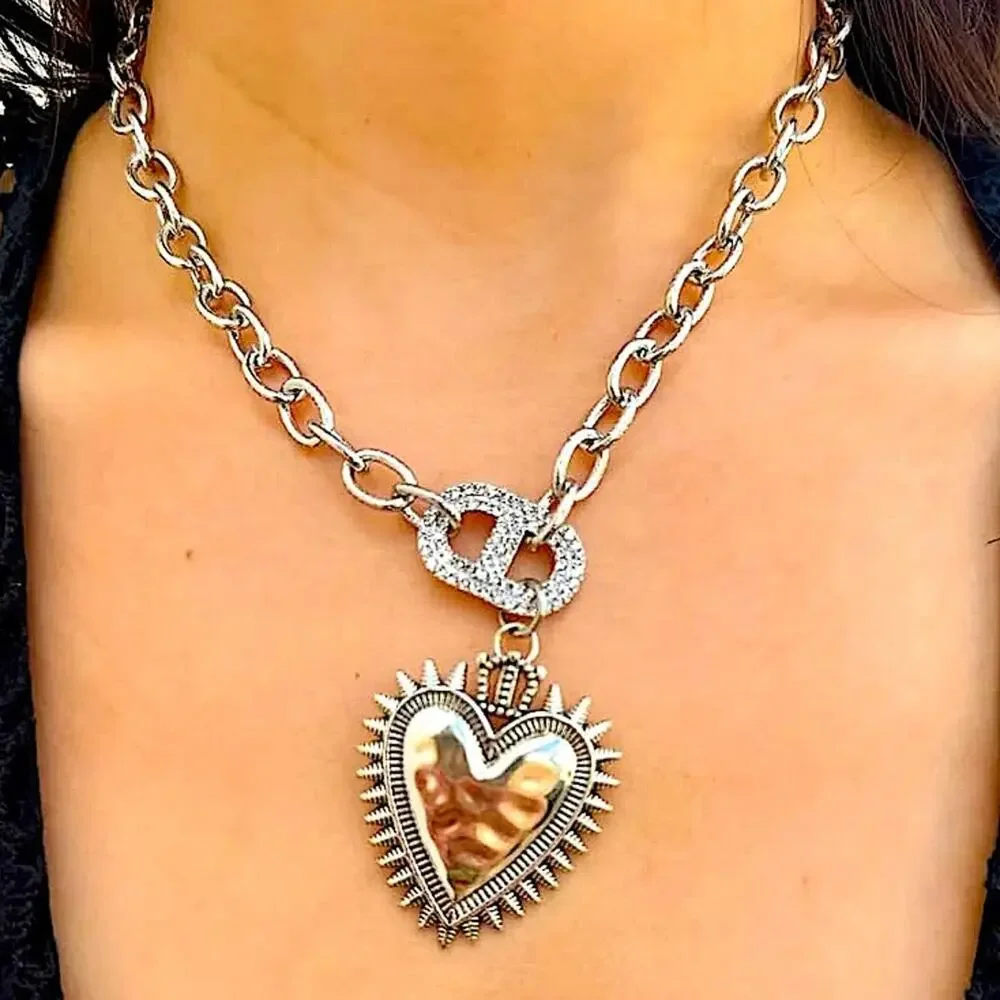 Silver Heart Pig nose Chain Link Necklace Boho Vintage Exaggerated Oversized